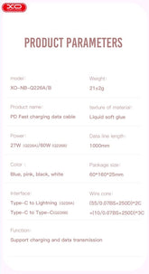 XO NB-Q226B 60W Καλώδιο Μεταφοράς Δεδομένων Type-C σε Type-C Σιλικόνης Ροζ